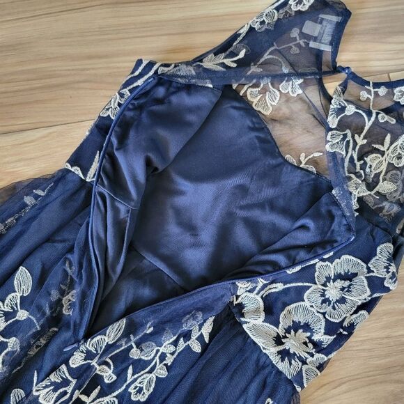 Beige by ECI Embroidered Tulle Illusion Midi Dress in Black Navy - Picture 8 of 13